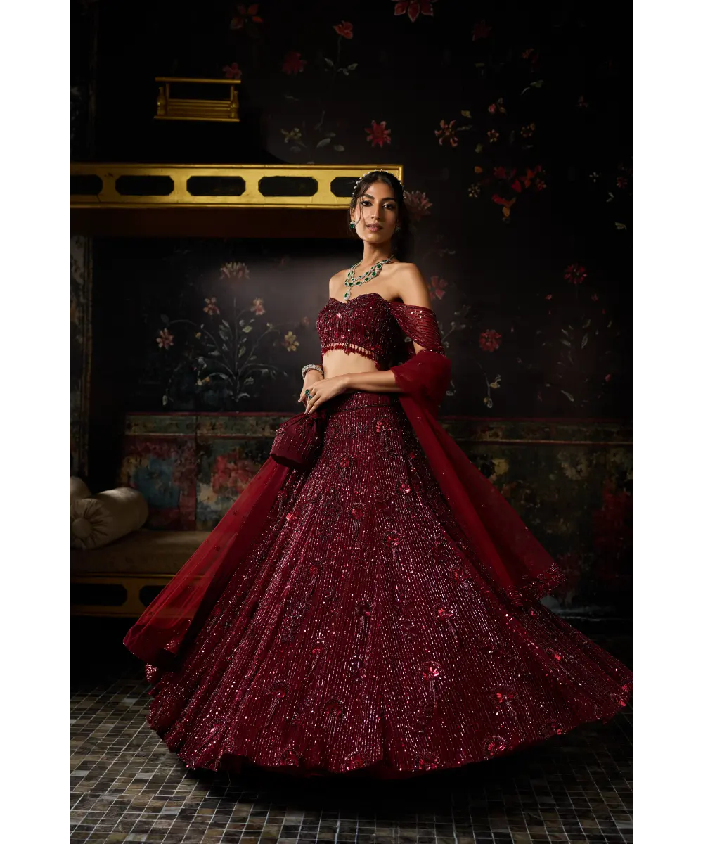 DIYARAJVVIR - MAROON EMBELLISHED 3D FLORAL LEHENGA SET